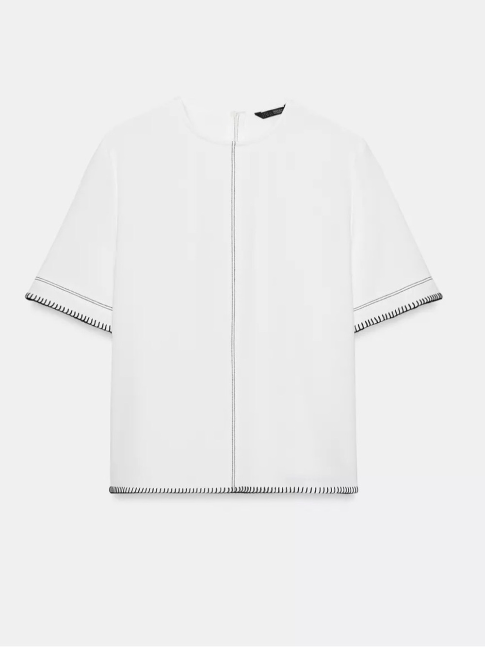 Zara White Short-Sleeve Top with Black Contrast Stitching